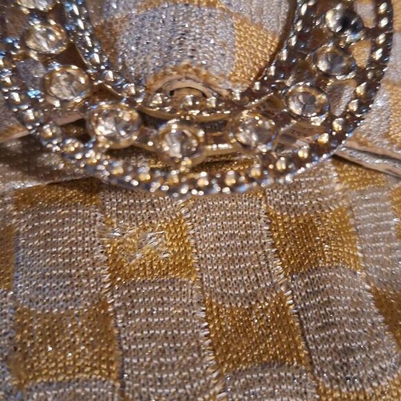 Vintage 1960's Gold Metallic Checkered Geometric Maxi Dress w/ Belt Size 14 - Picture 6 of 7